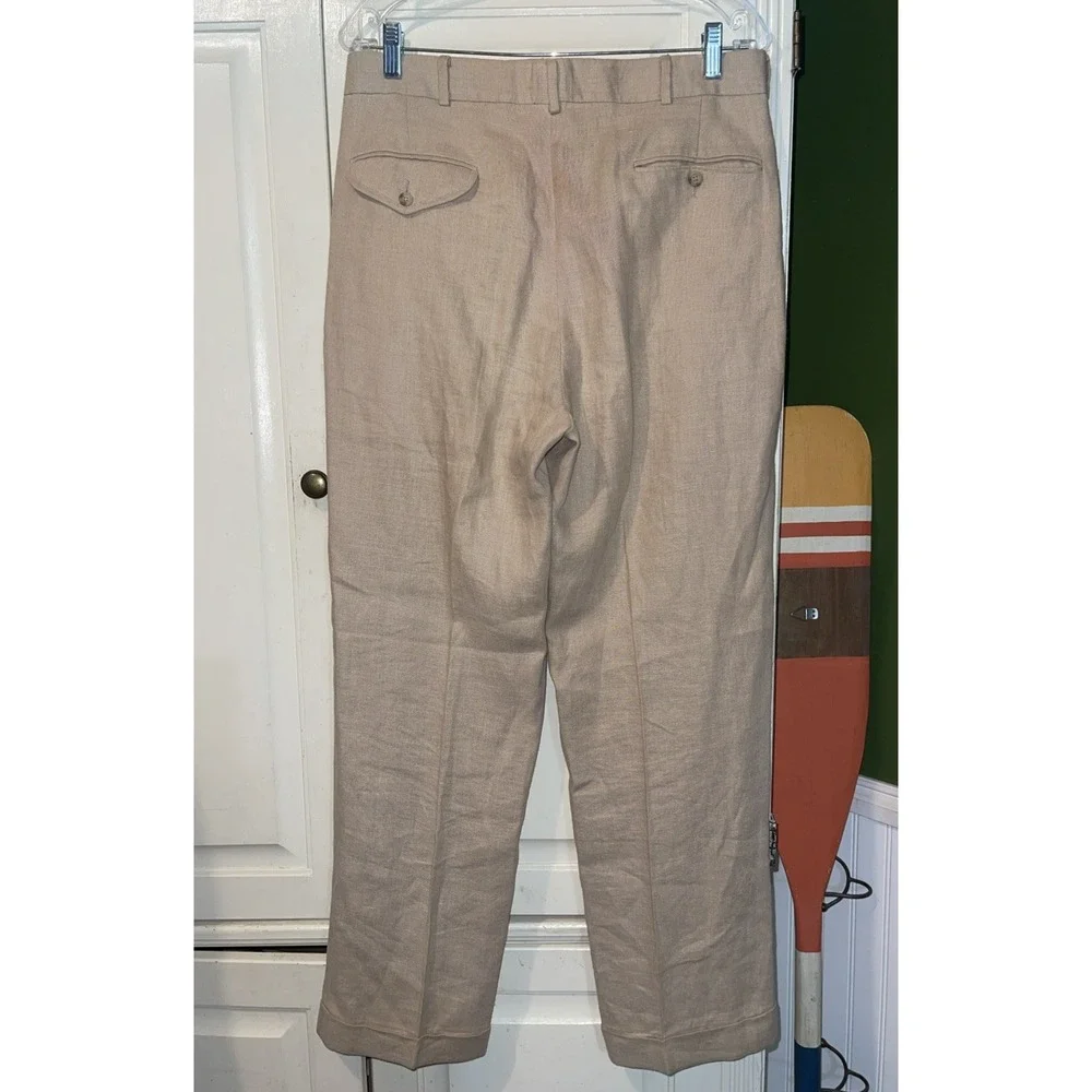 Vintage Polo Ralph Lauren Linen Pants Men 32x30 Beige USA Pleats Cuffed Pockets